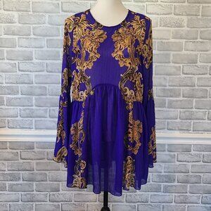 Intimately Free People Swing Dress Bell Sleeve Size Small Purple & Gold Sheer
